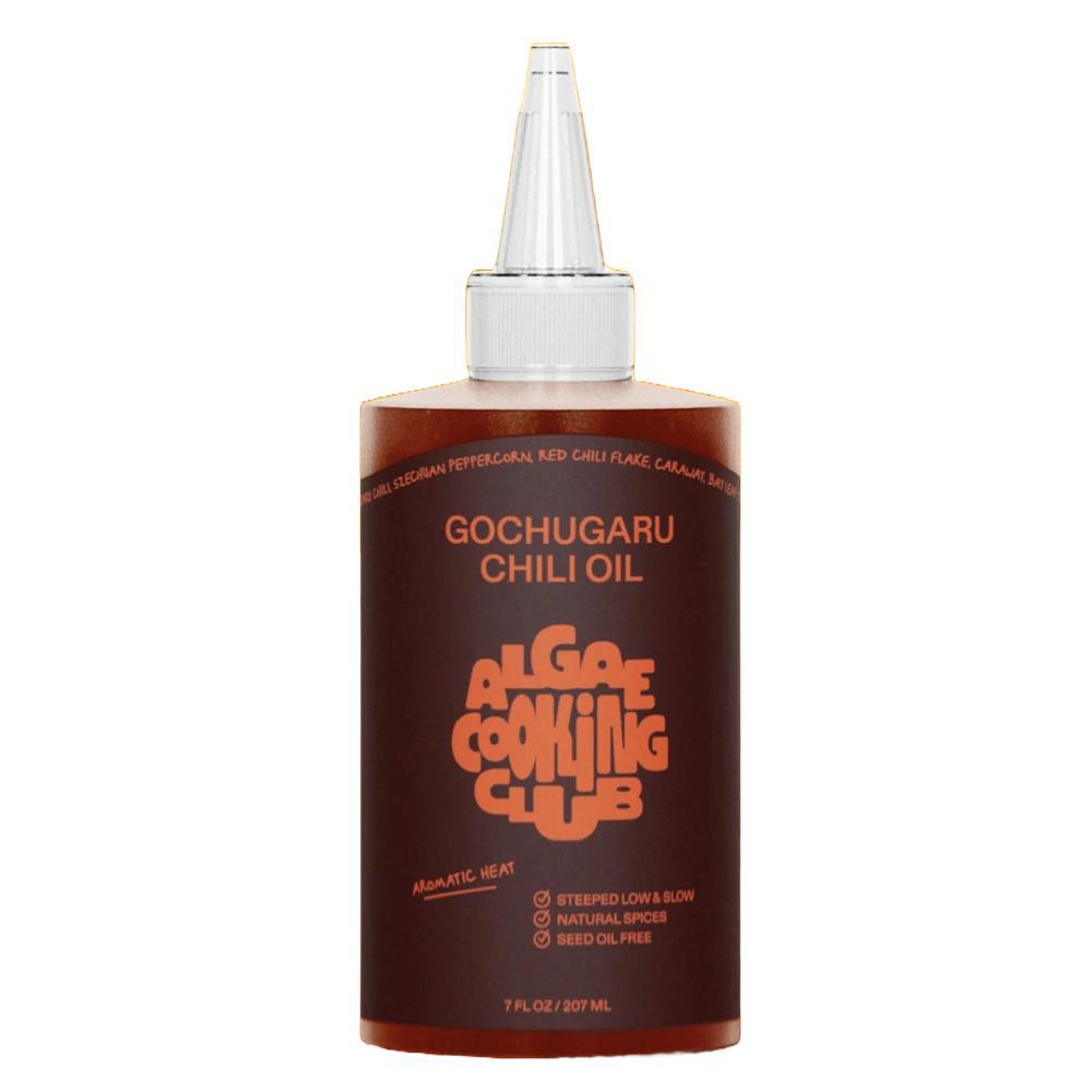 Bottle of Algae Cooking Club Gochugaru Chili Oil, seed oil-free with natural spices.