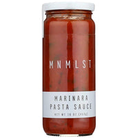 Jar of MNMLST Marinara Pasta Sauce with minimalist white label and visible herb-speckled tomato blend.