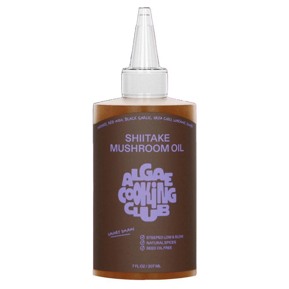 Bottle of Algae Cooking Club Shiitake Mushroom Oil, seed oil-free with natural spices.
