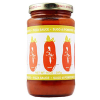 Jar of SMT Sugo di Pomodoro pizza sauce with bold tomato graphics and yellow label featuring product name.