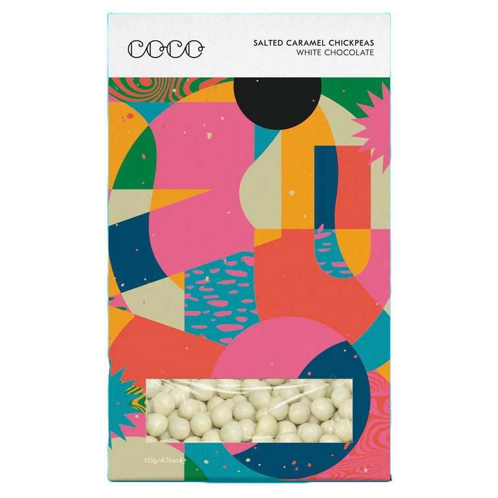 Coco Chocolatier Salted Caramel Chickpeas in white chocolate, 135g: A sweet and savory snack blend.
