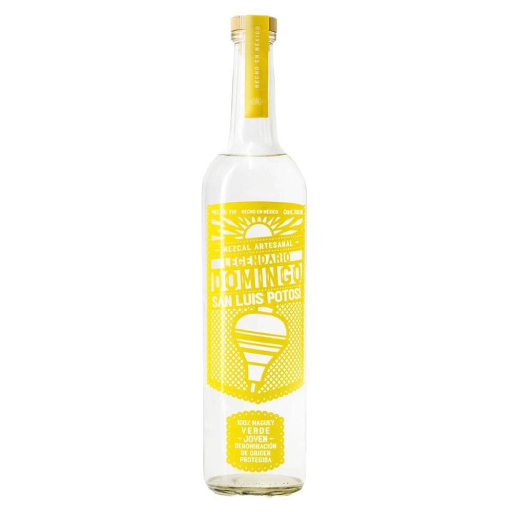 Bottle of Legendario Domingo Mezcal Verde featuring vibrant green label, crafted from wild agave in San Luis Potosí.