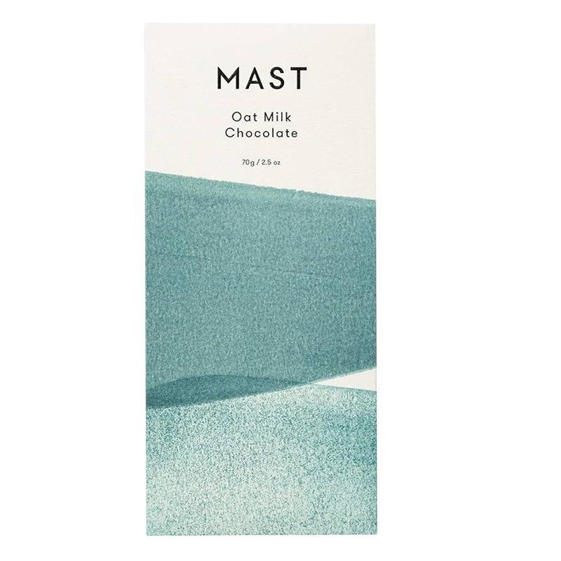 A 70g bar of Mast Brothers creamy oat milk chocolate in minimalist, eco-friendly packaging.