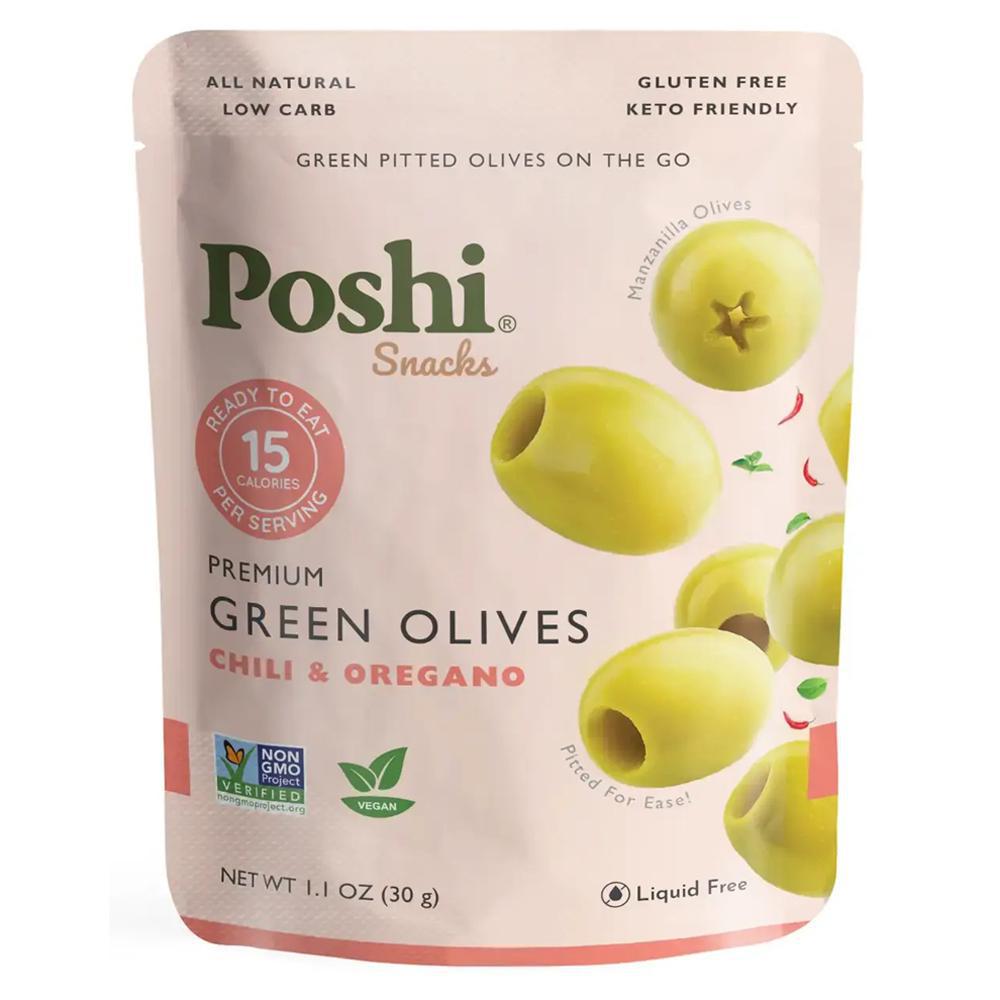 Poshi - 'Chili & Oregano' Pitted Green Olives (30G).