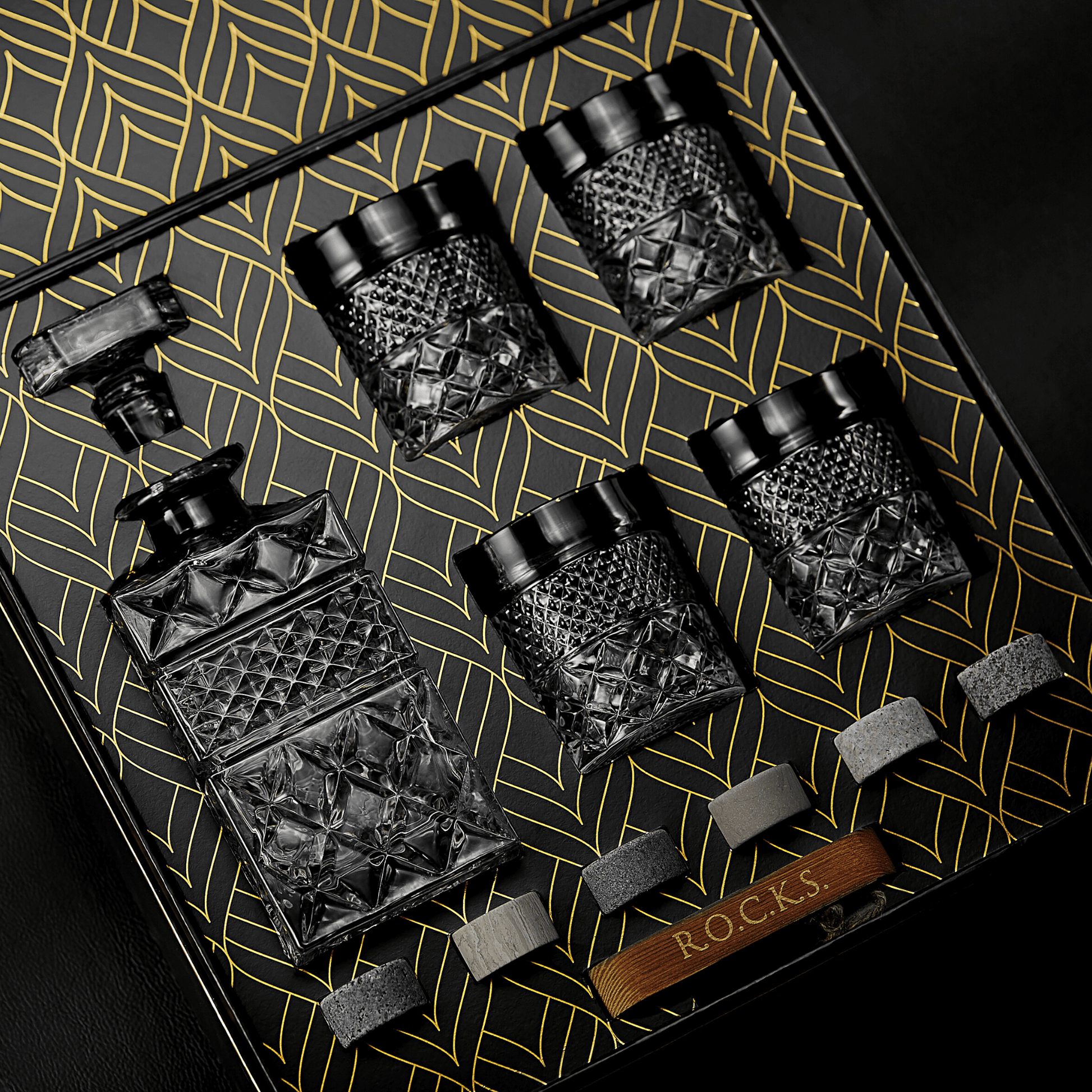 ROCKS - Whiskey Decanter w/ Glasses & Chilling Stones Gift Set.