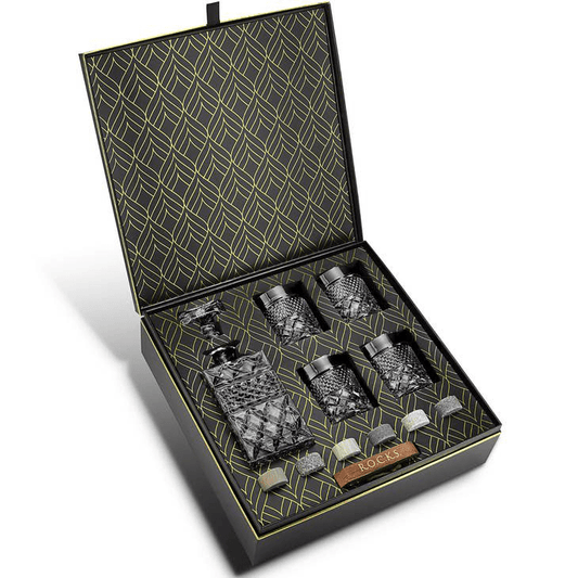 ROCKS - Whiskey Decanter w/ Glasses & Chilling Stones Gift Set.