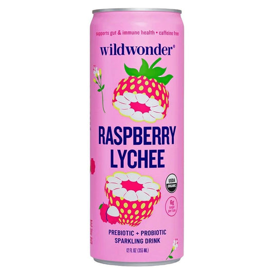Wildwonder - 'Raspberry Lychee' Organic Prebiotic + Probiotic Sparkling Drink (12OZ).