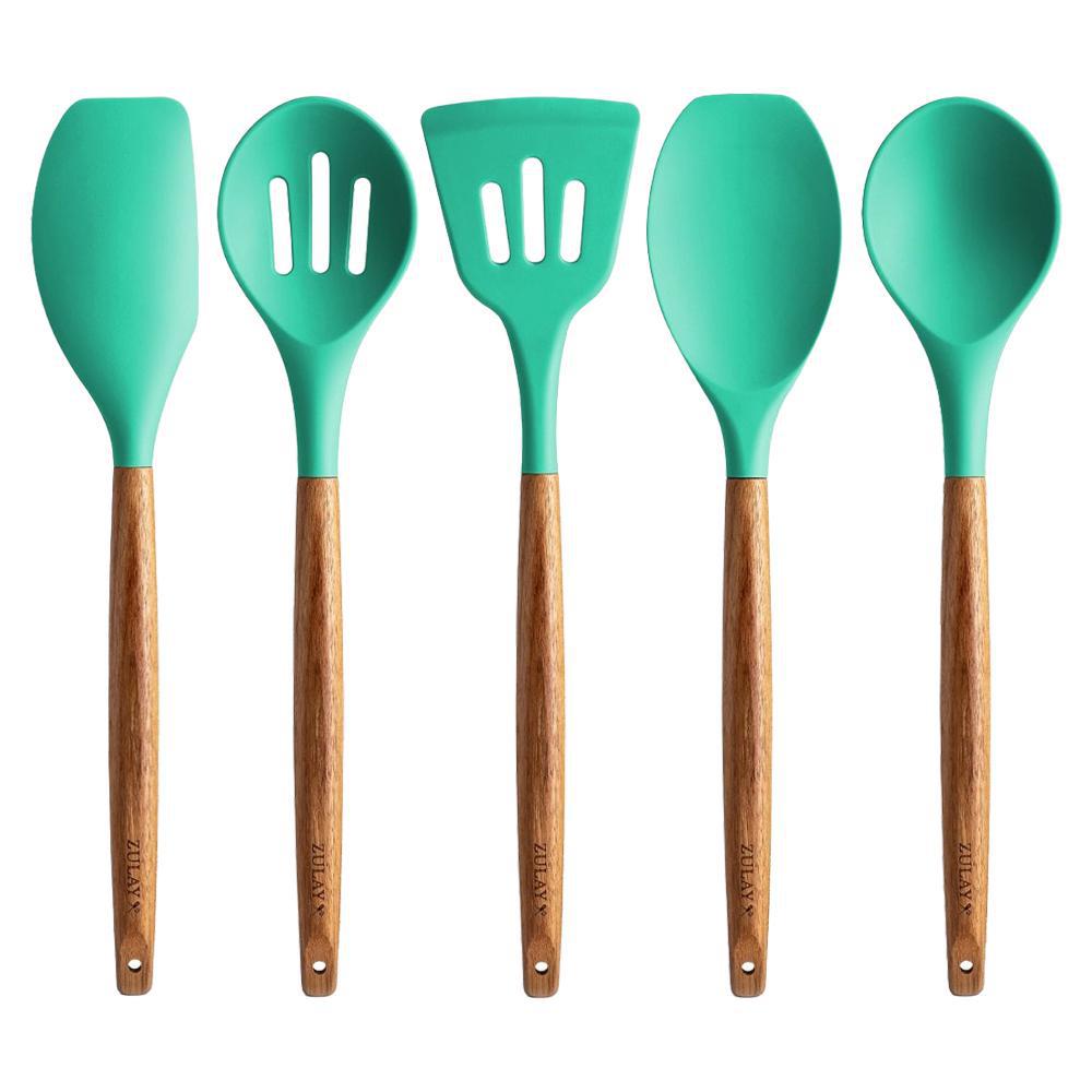 Zulay Kitchen - 'Aqua' Silicone Utensils Set w/ Wooden Handles (5CT).