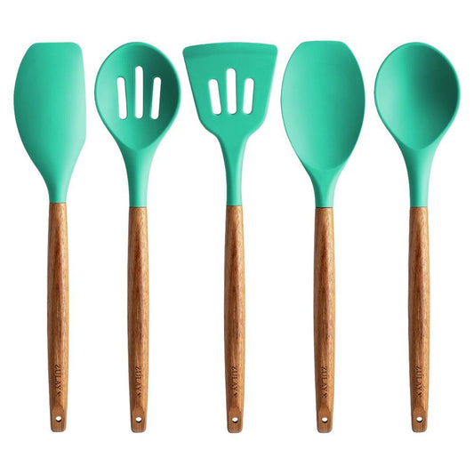 Zulay Kitchen - 'Aqua' Silicone Utensils Set w/ Wooden Handles (5CT).